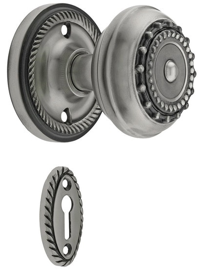 Rope Rosette Style Mortise Lock Set With Meadows Door Knobs in Antique Pewter finish.